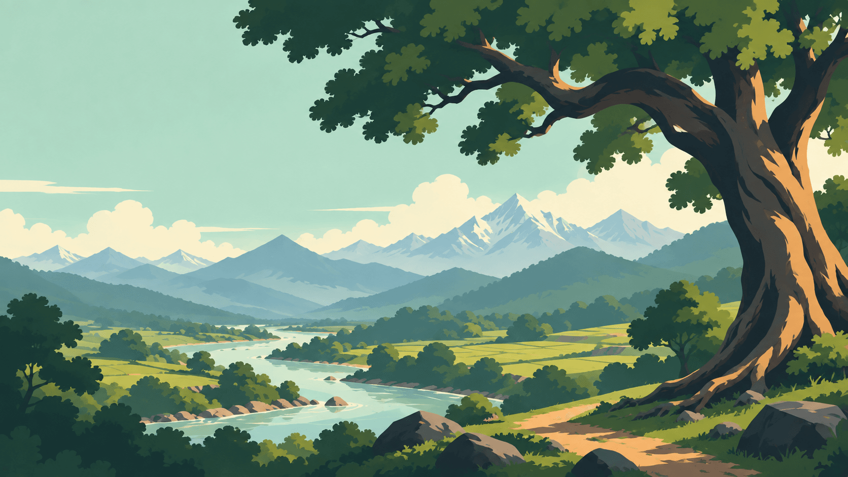 Simple illustration of Himalayan foothills with a winding river, broad fields and a sunlit tree.